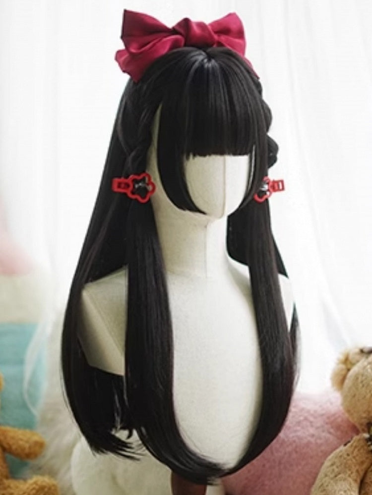 Black Hime Cut Long Straight Wig With Full Bangs
