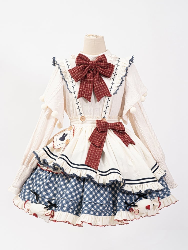 Weißes langärmeliges Strickoberteil, Schürze, blauer Rock mit Karomuster, süßes Lolita-Komplettset