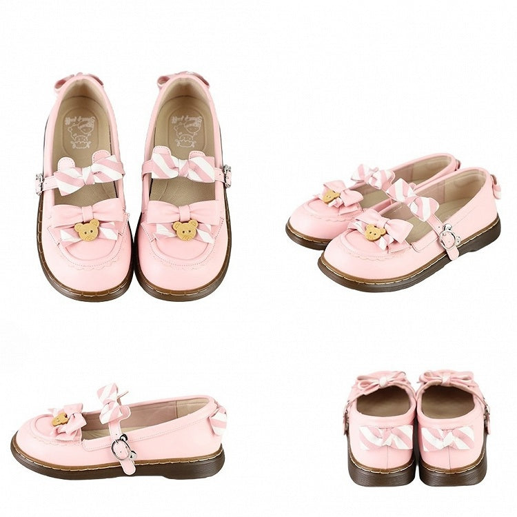 - 2cm Sweet with Uniform Striped Flats Pink Bow PU Lolita Sole
