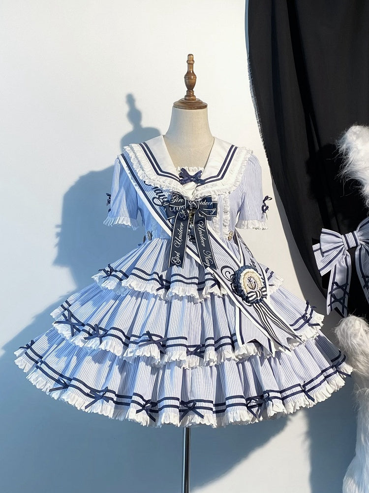 Striped Blue with Sleeves Detachable Lolita Collar Summer Dress Short Sailor