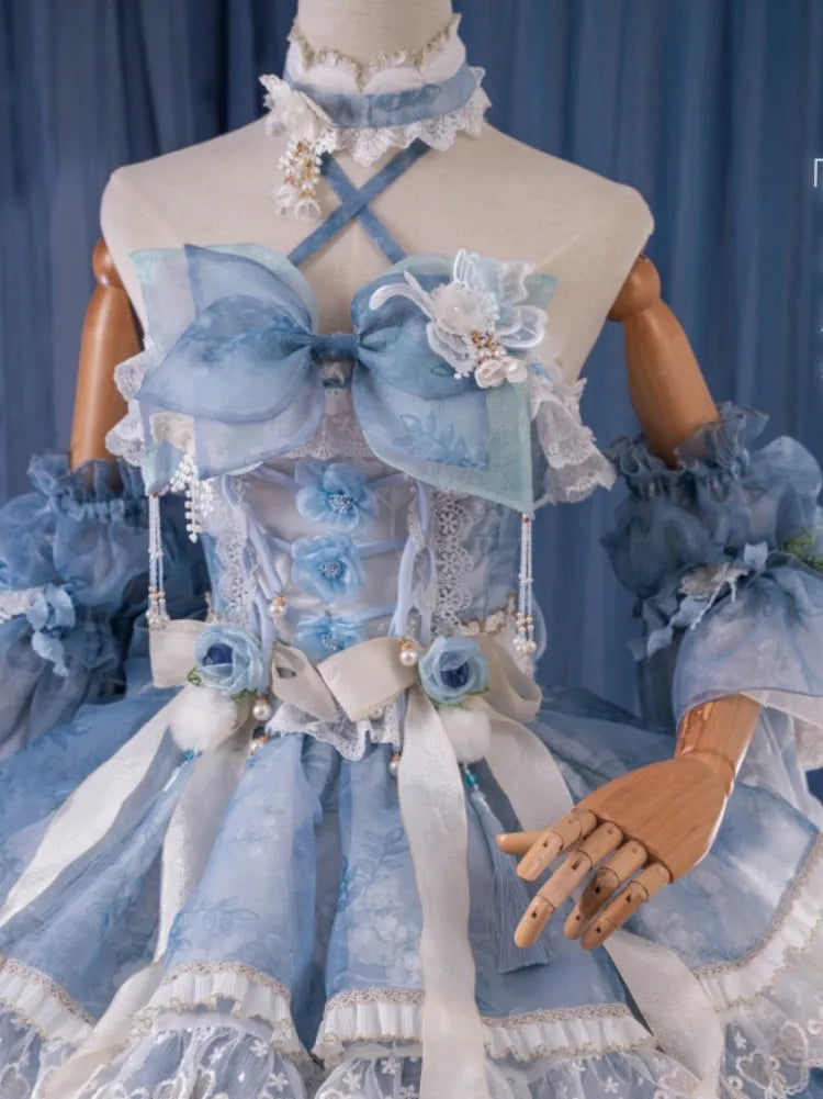 Full Princess Floral Butterfly Set Design Blue JSK Fairycore Lolita Dress