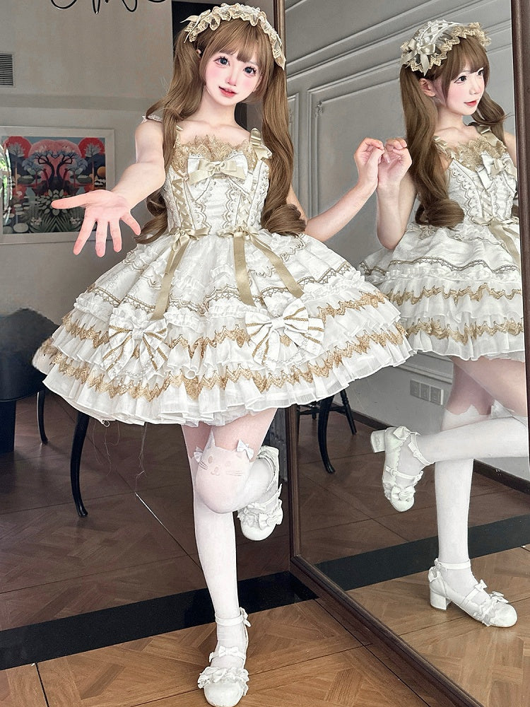 Bead Lolita Decorated White Dress Bows Chain Tiered Skirt Princess