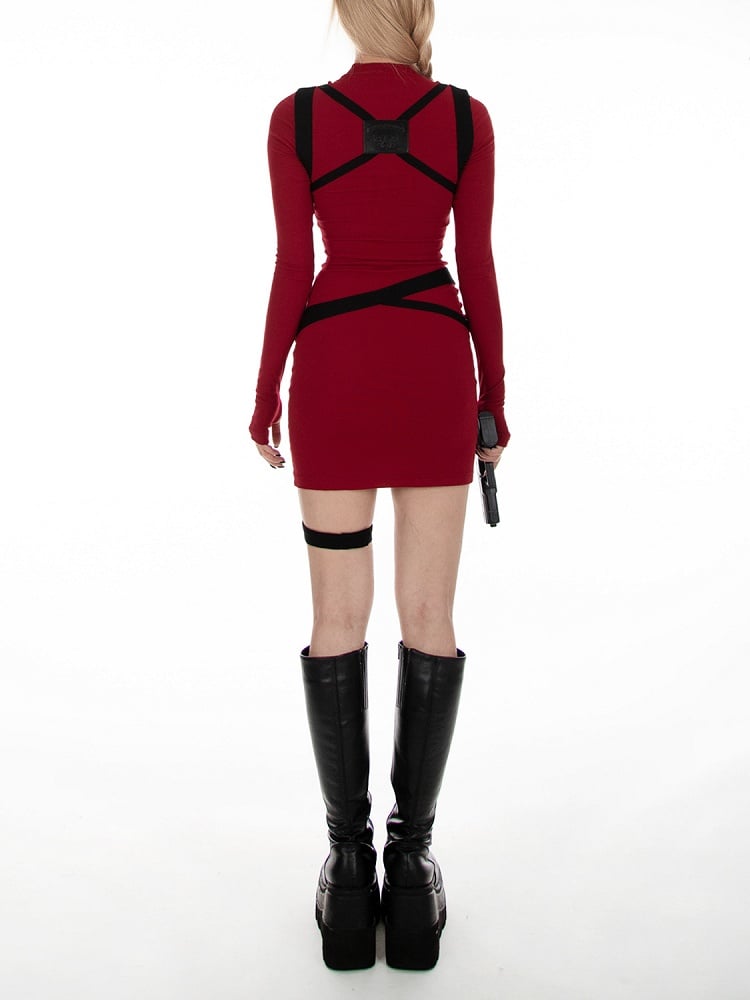 Resident Evil Ada Wong Vibes Red & Black Buckle Strap Dress Waist Belt and Harness All-in-one with Garter