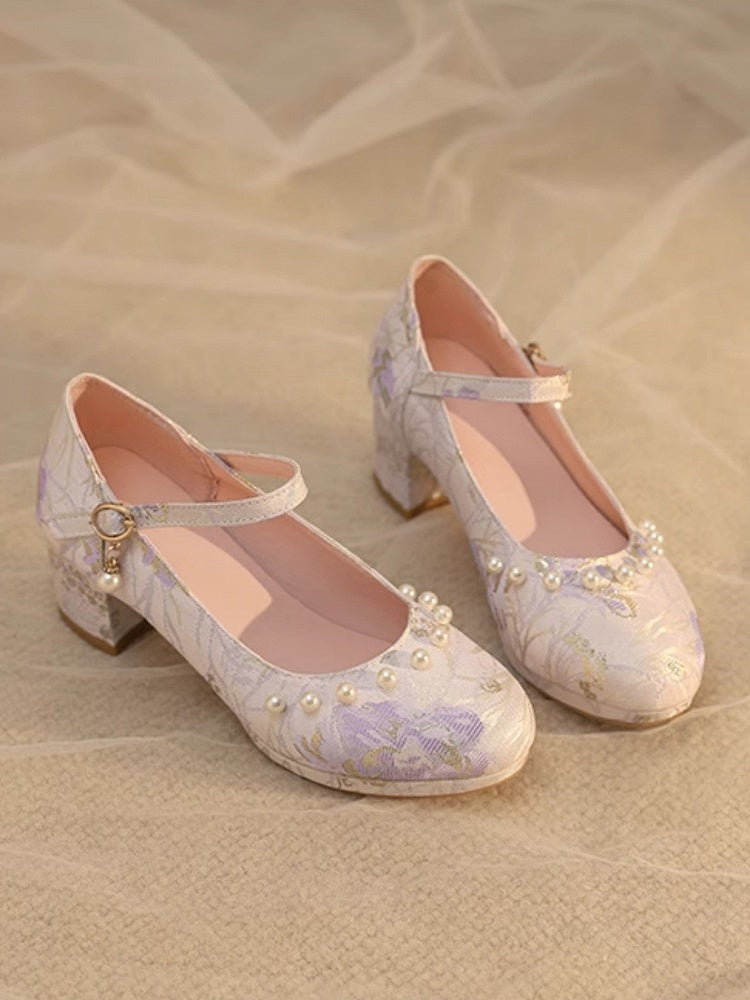 Purple Embellishments Lolita Mid-heels Floral Qi Beads with