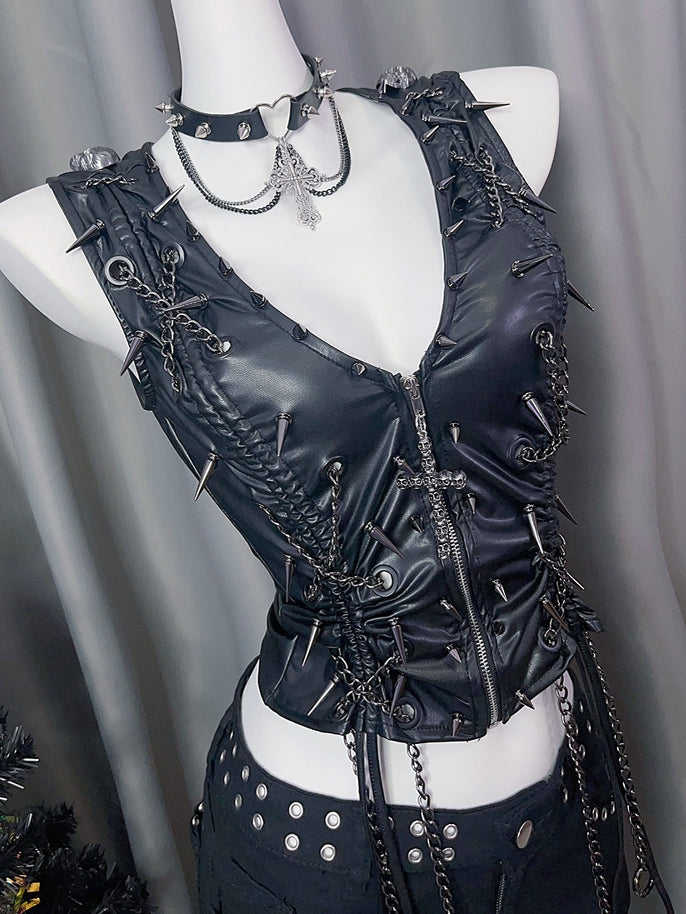 And Black Closure Studs Decorated Zipper Cross Charm Skeleton Y2K