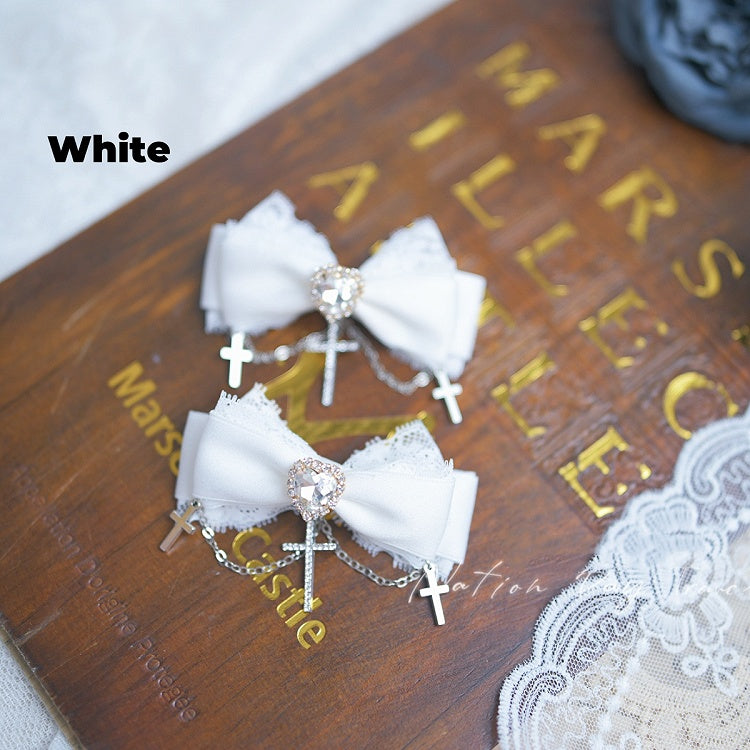 5 Heart Rhinestone Lace Trim Jirai Kei Bow Hairclips Chain Colors Cross
