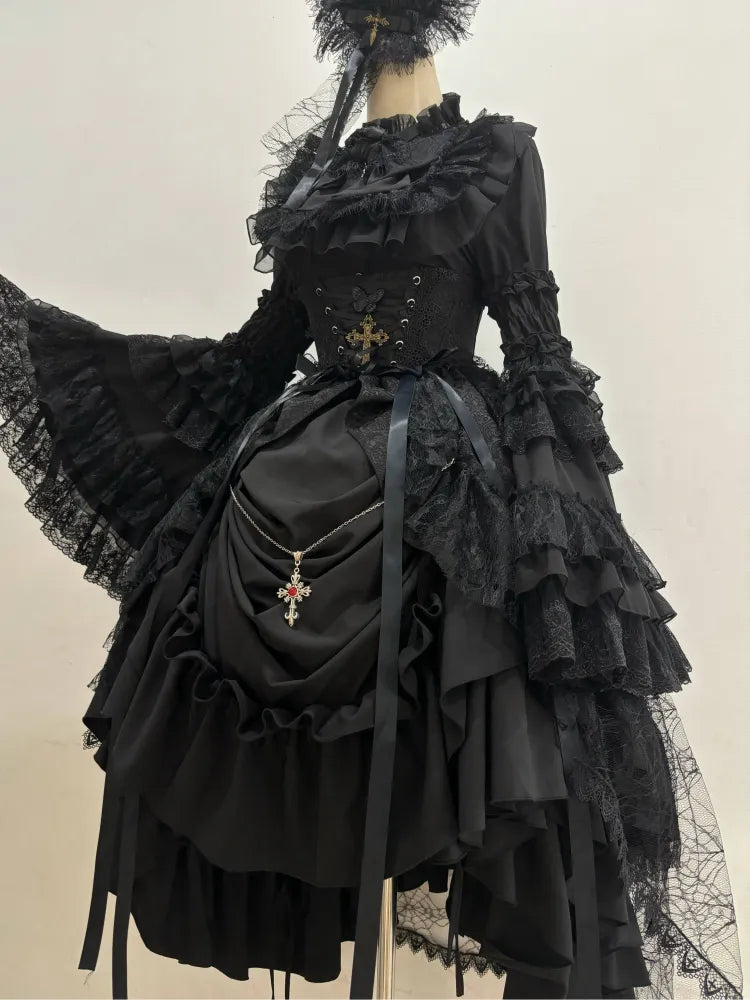 Black Waist Under Drawstring Lolita High Corset / Gothic Boned Skirt