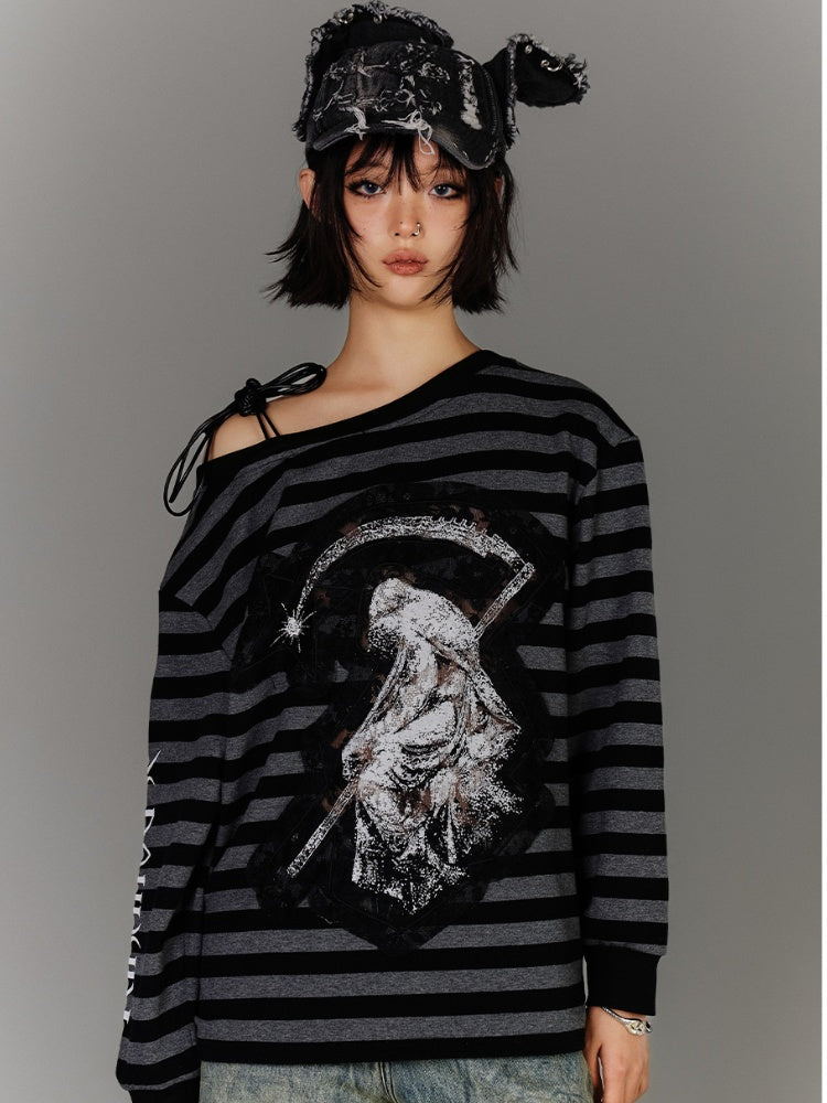 Black Gray Stripes Applique Design Asymmetrical Neckline Drawstring Punk Top