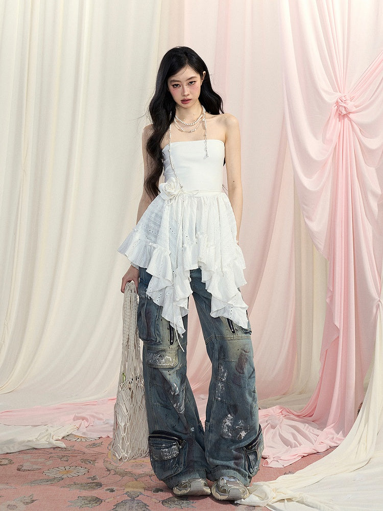 Strapless Top White Handkerchief Hem Glamorous