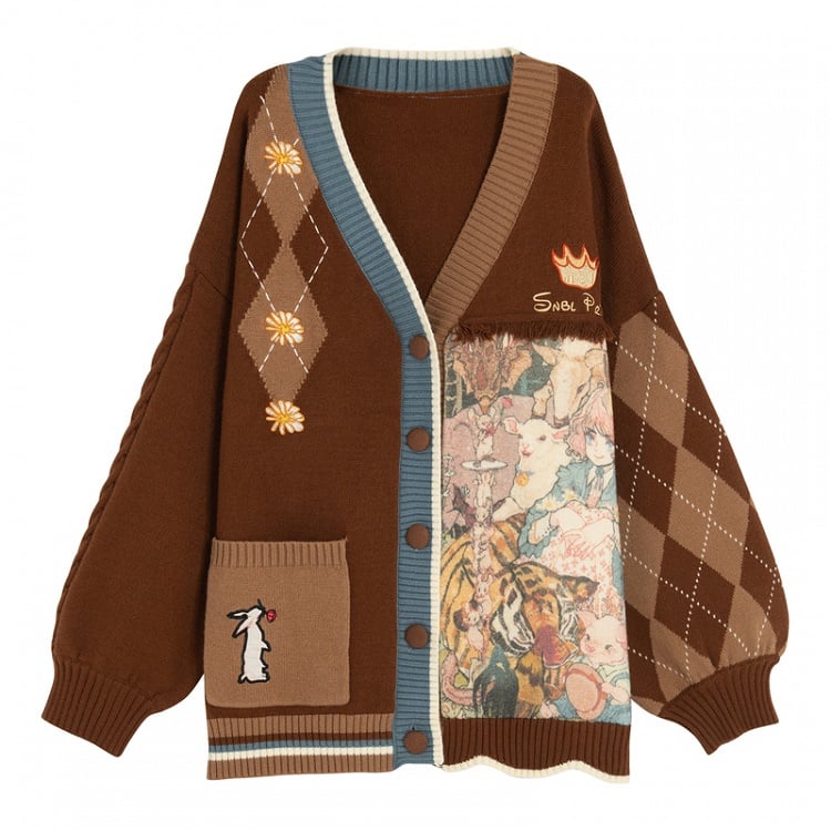 Bunny Daisies Embroidery Cardigan Brown and