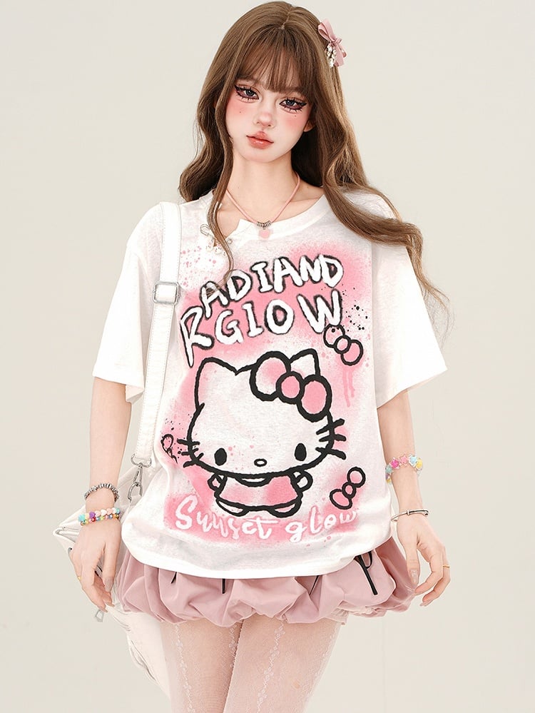 Lockeres T-Shirt mit Kätzchen-Print in Rosa/Weiß