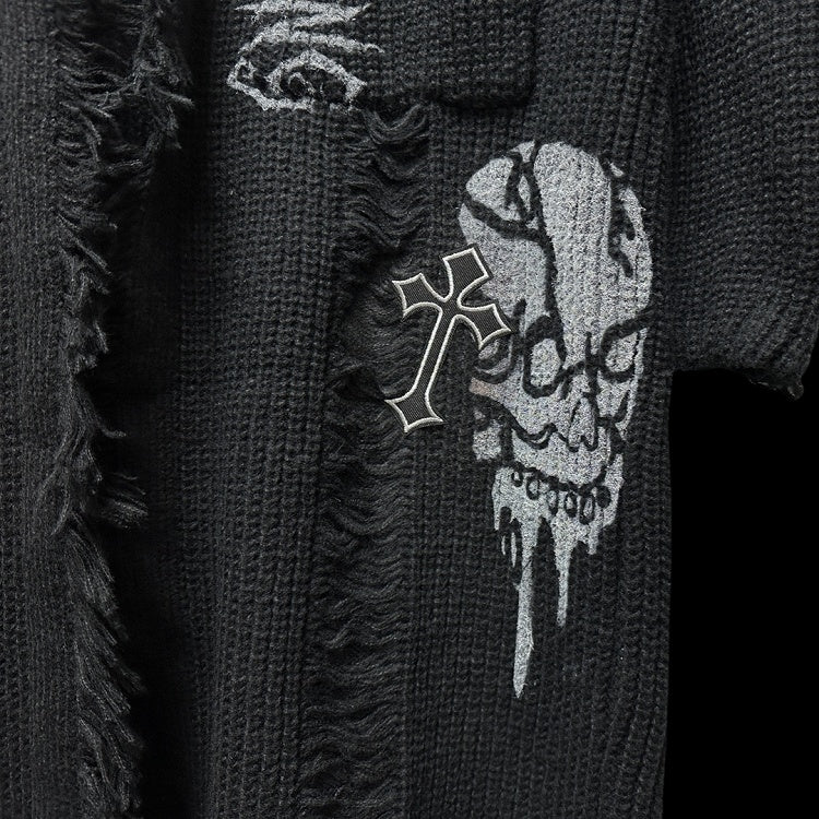 Gothic Punk Black Cross and Skeleton Distress Holes Cardigan Raw Edge