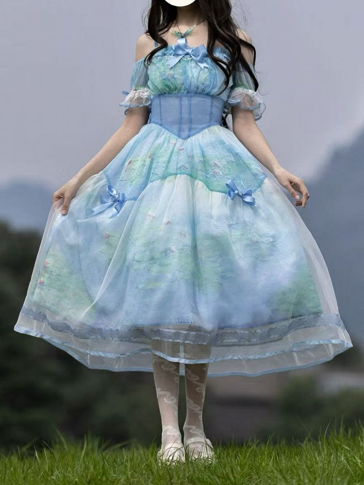 Water Lily Print Basque Waist Sky Dress with Organza Overlay Oil Painting Blue