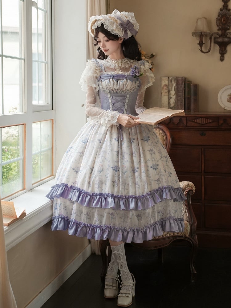 Print Floral Lolita Bodice Dress Skirt Jumper Classic Iris Corset Boned Purple
