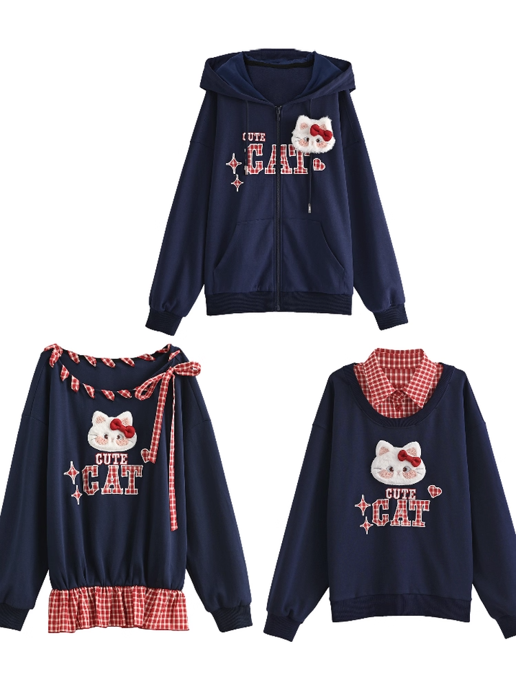 Sweatshirt with Detachable Red Applique Navy Kitty Embroidery Blue Collar Plaid