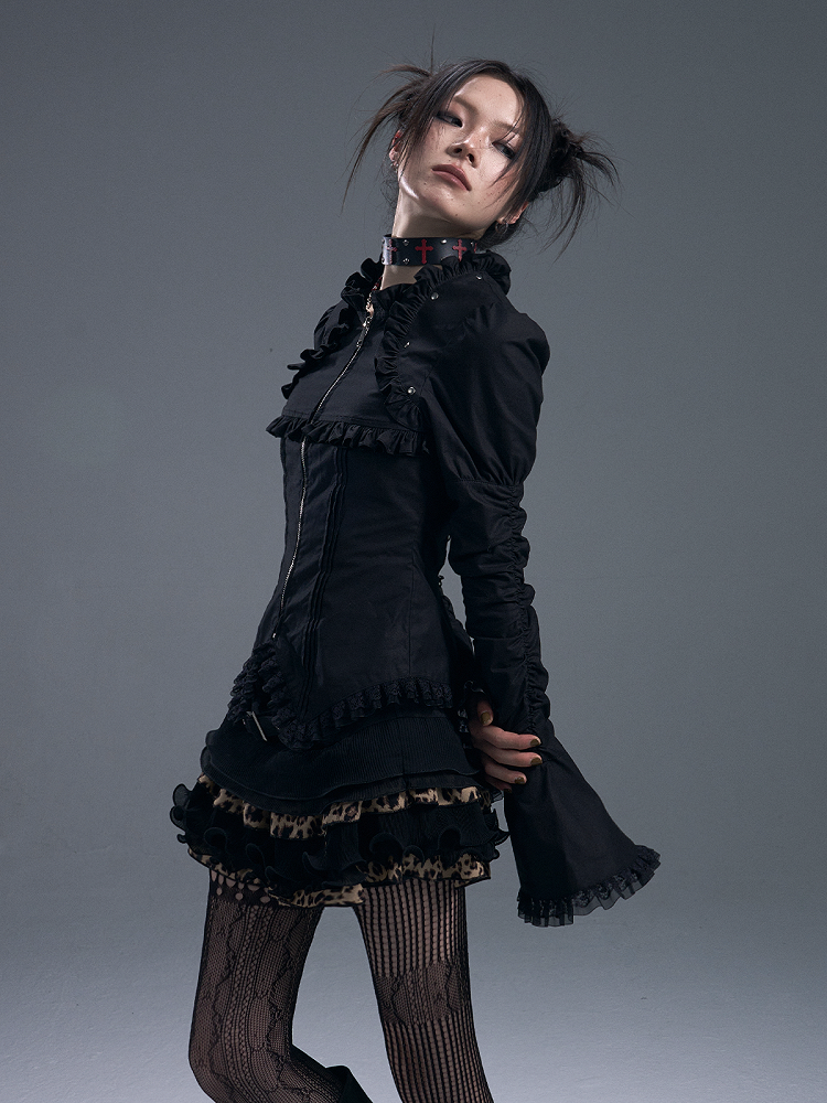 Lace-Trimmed Zipped Black Gothic Vintage Top
