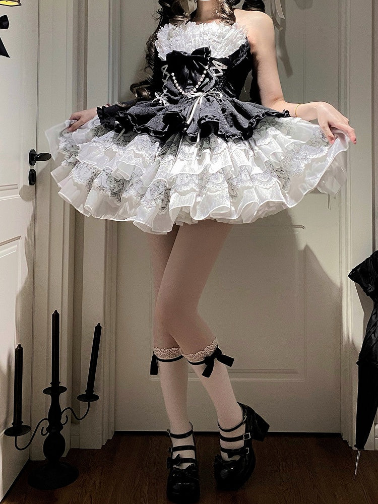Balletcore Black Halter Dress Neck White Princess and Lolita
