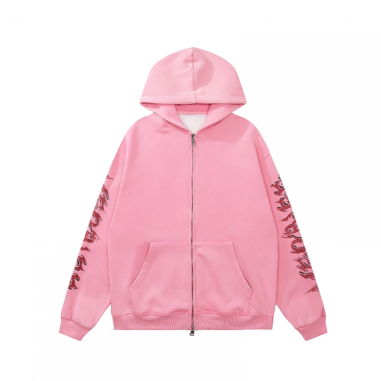 Pink Letter Print Sleeves Zip-up Hoodie Autumn for