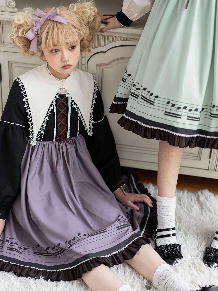 Robe Lolita d'automne violette à manches longues et col pointu séparé, motif notes de musique