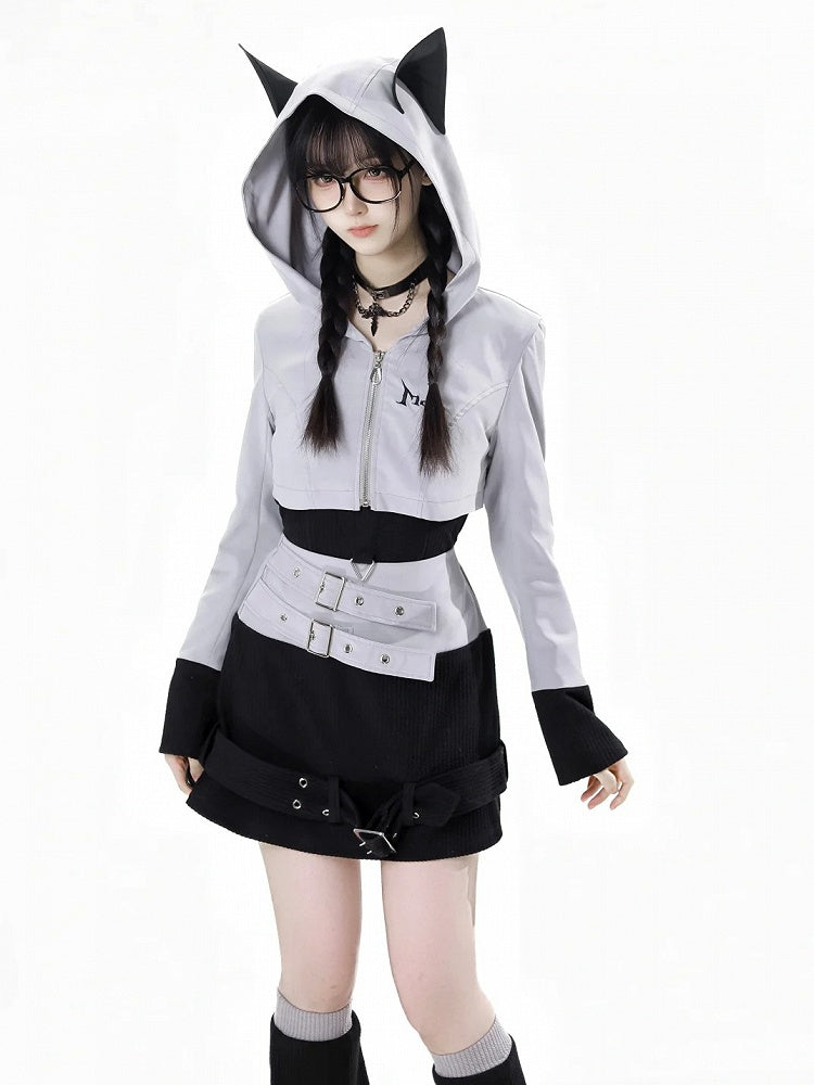 Wolf Ears Gray Zip Hood Closure Design Cropped Jacket