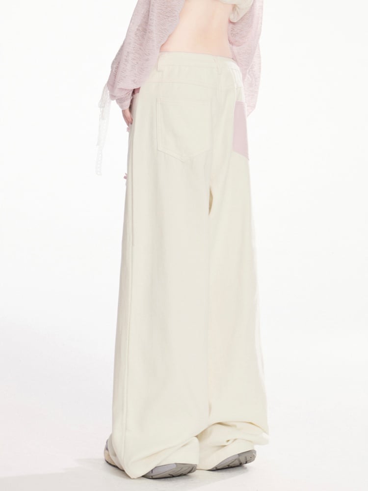 and Pink Ombre Low Apricot Bowknots Print Wide-Leg Pants Waist