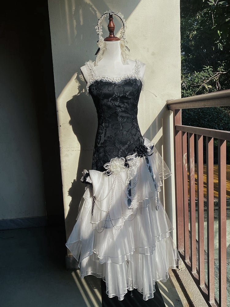 Classic Layered Tulle Lolita Fit Jacquard Bodice Hem Slim Dress Black White Floral