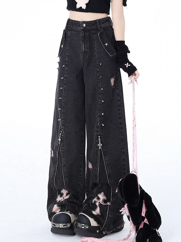 Waist Black Detail Jeans Punk Design Studs Zips High
