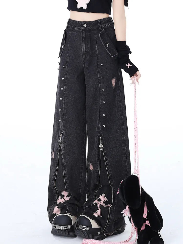Studs High Waist Black Detail Punk Jeans Zips Design