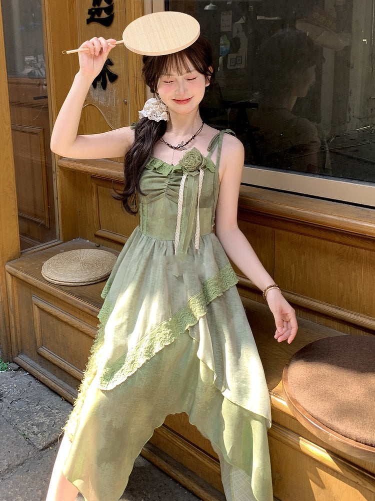 Self-tie Straps Mori Kei Cami with Dress Shoulder Green Handkerchief Hem