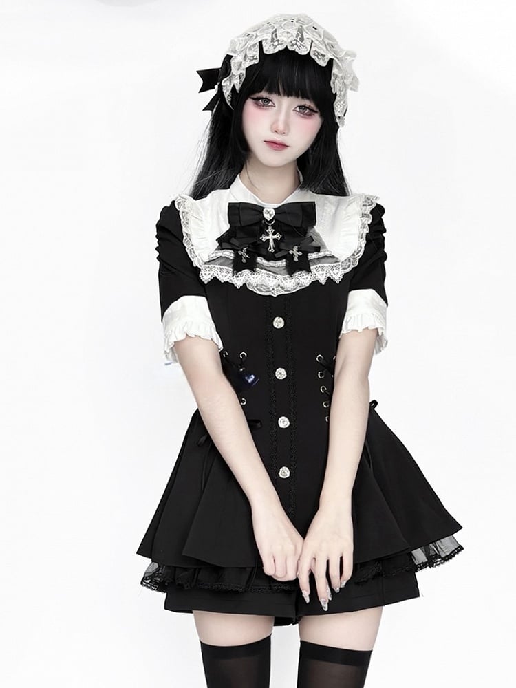 with Style Short Jirai - Sleeve and Bib Kei White Dress Tie Set Black Nun Bow