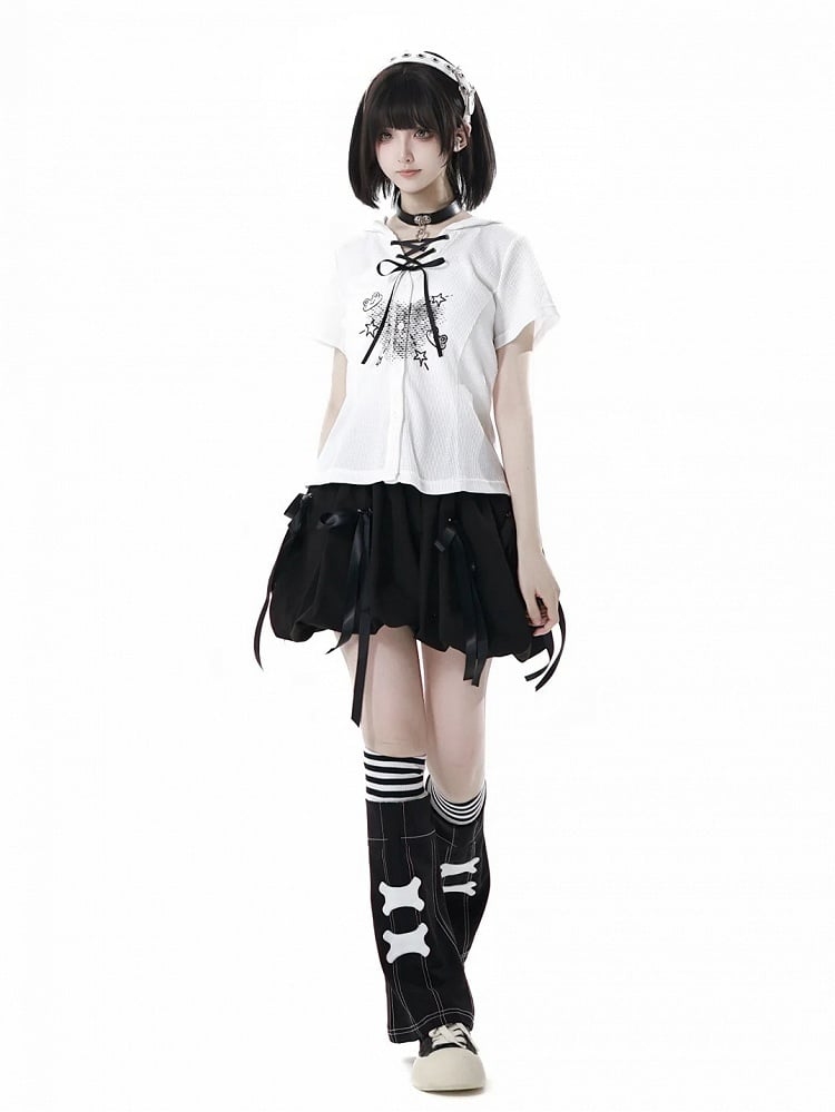 White Frog Lace-up Neckline Front Button Placket T-shirt Cute Print Hooded Waffle