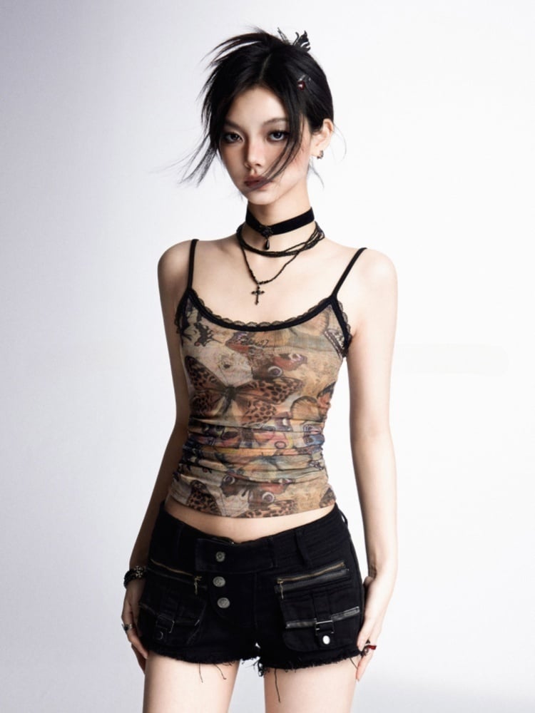 Mesh Cami Top Bittersweet Wasteland Punk Brown Butterfly Print