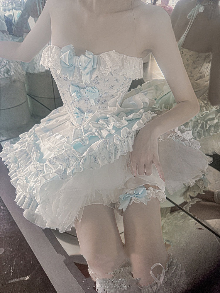 Cropped Details Bodice Floral Strapless Top + Tiered Skirt + Ful Blue Bowknot on Set Top