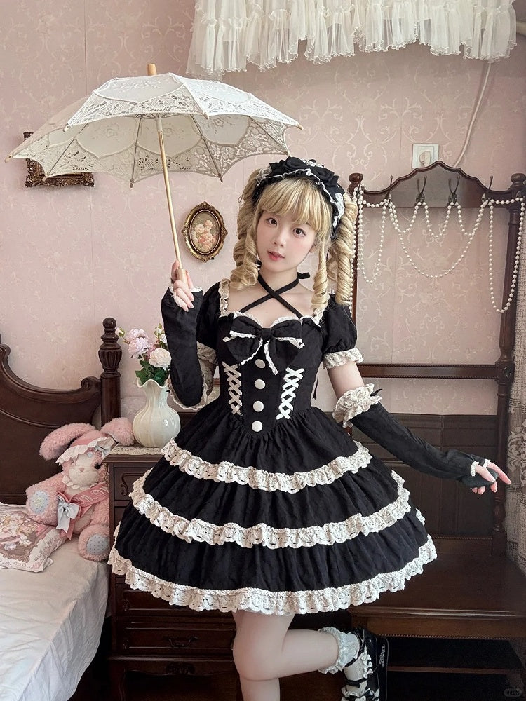 and Lolita Waist One Lace Piece Basque School Dress Beige Old Black Trim