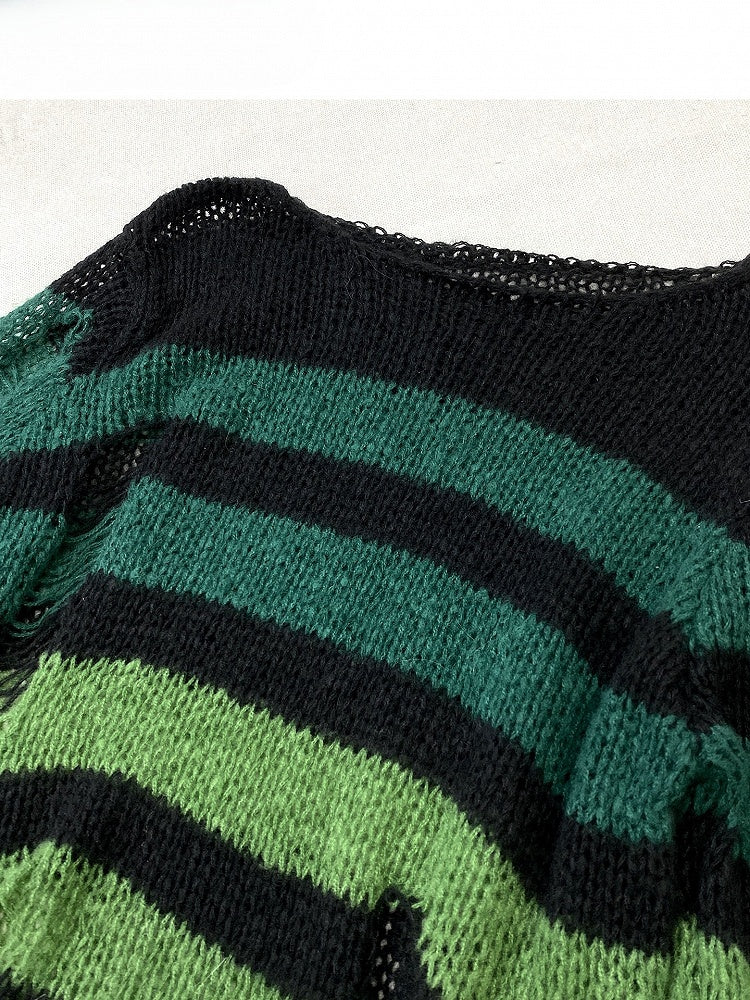 Pattern Y2K Green Cut-out Neckline Details Asymmetrical Sweater Striped