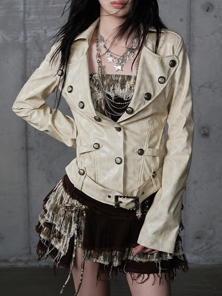 Yellow Belt Rose Jacket with Punk Buckle Embroidery Cropped Tailored Khaki