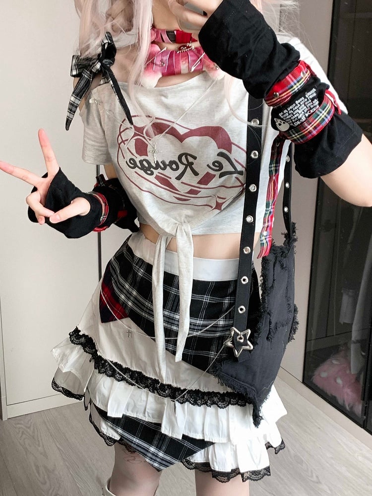 Skirt Tiered Jirai Plaid Kei Trim Lace Idol White