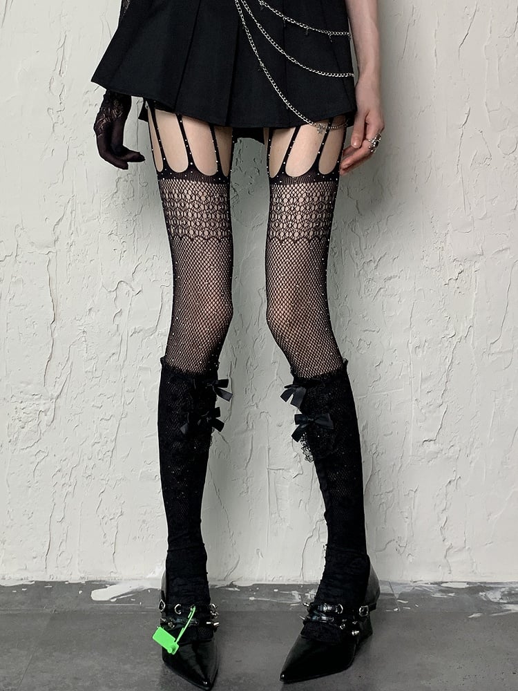Suspender Black Fishnet Rhinestone Tights Y2K