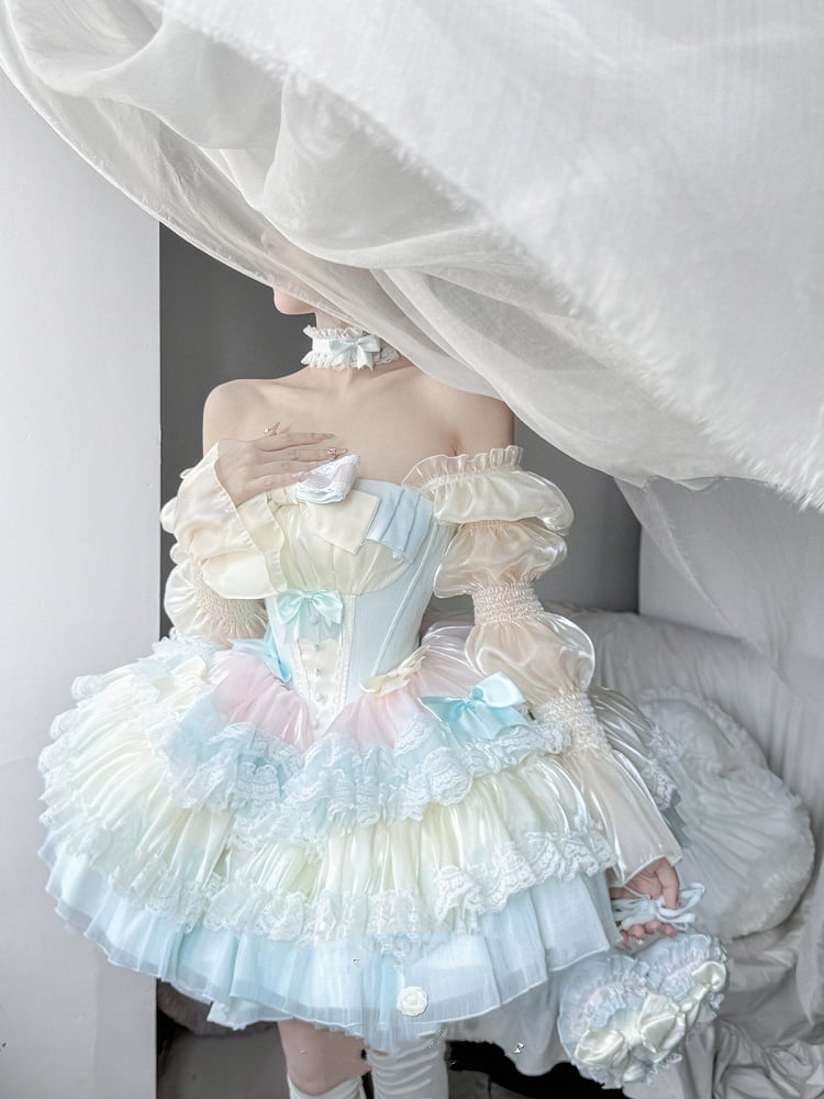Sweet Lolita Balletcore Dress Blue Tiered Pink Skirt Yellow Boned Corset Waist