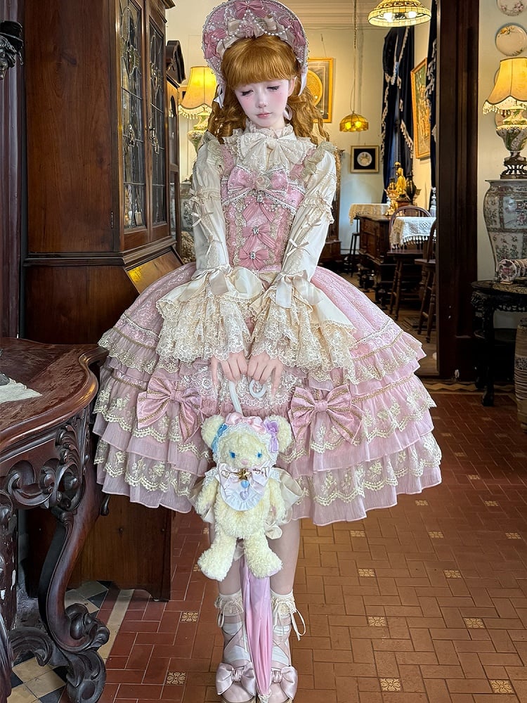 Bow Chain Bead Neckline Pink Lolita Dress Princess Flower Gorgeous