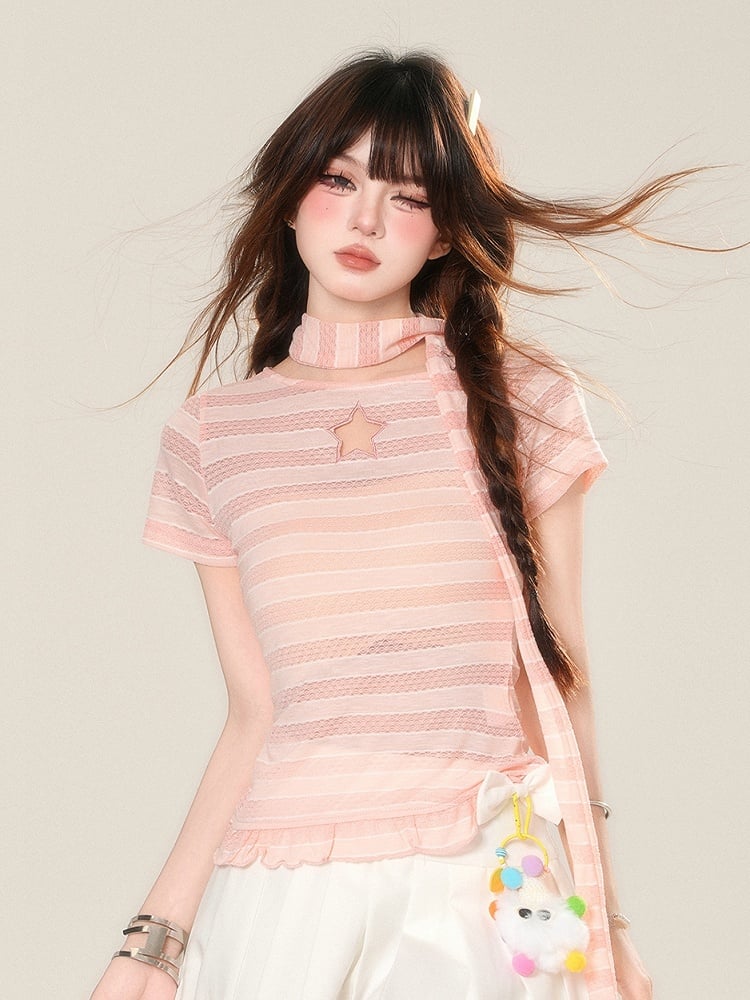 Scarf Star-shaped Cutout Pink Stripes Detail Glamorous T-Shirt with Free