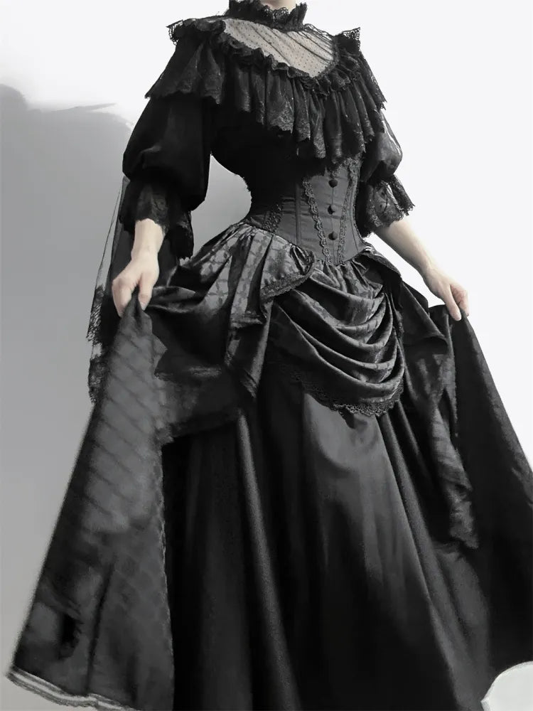 Schwarzer Korsett-Taillenrock mit Knochen und hoher Taille, Aristokratischer Gothic-Lolita-Rock