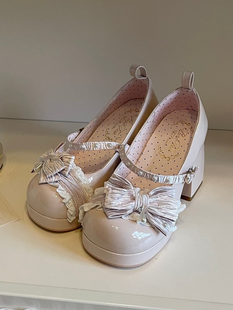 Nude Lolita Lace - Trim Pink Sweet High Block Heels
