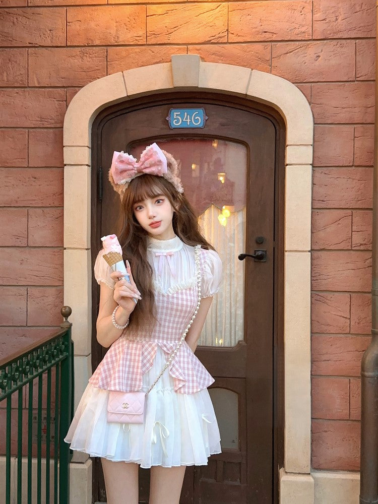 Mit zweiteiligem Faux Pink Kleid Muster Plaid Weiß