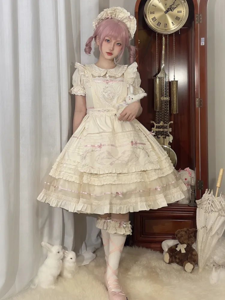 Lolita Pink Beige Peter Dress Cotton Bow and Collar Accents Pan