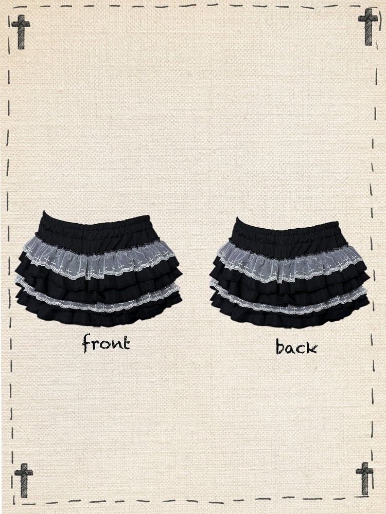Gestufter Cross Skort Gothic Schwarz/Weiß Elastische Taille Spitzenbesatz Pumphose