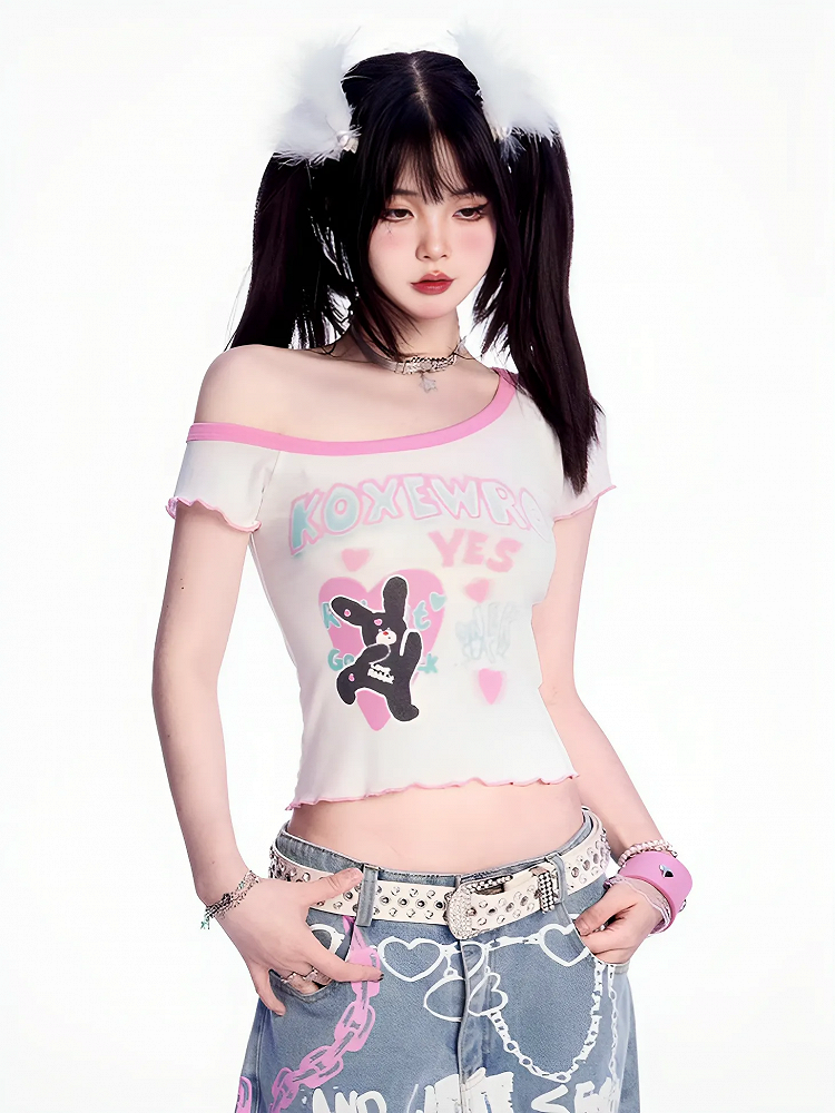 Asymmetrical Neckline Cute Bunny Print Pink Lettuce Hem White