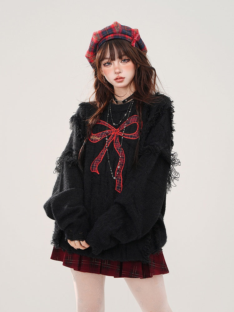 Bittersweet Kawaii Black Distressed Sweater with Red Plaid Bow Embroidery