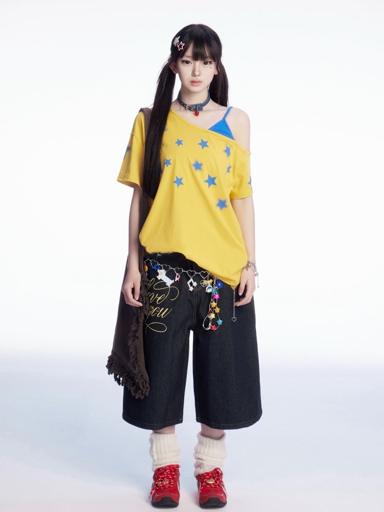 Star Faux Asymmetrisches T-Shirt Blau Print Ausschnitt Gelb
