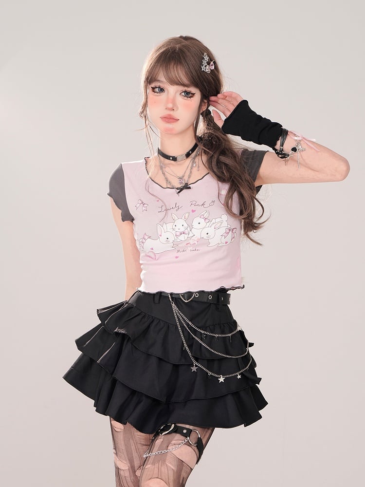 Chain Black Tiered Skirt with Heart Buckle Belt and Waist
